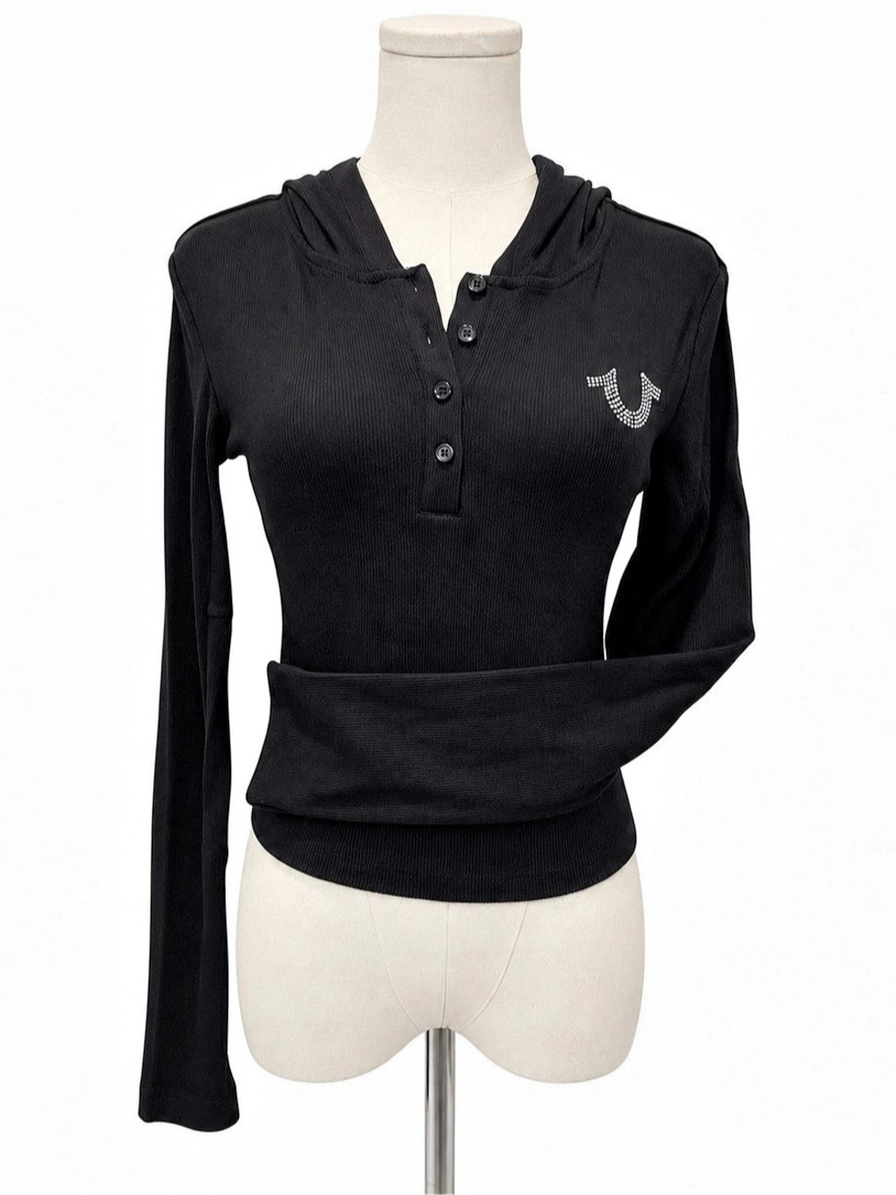 True Religion World Tour Hooded Henley Black Small NWT - Picture 2 of 8
